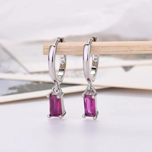 Hot Pink Huggie Hoop Earrings Gold Dangle Rectangle Emerald Earring, Gold Huggie - Picture 2 of 3